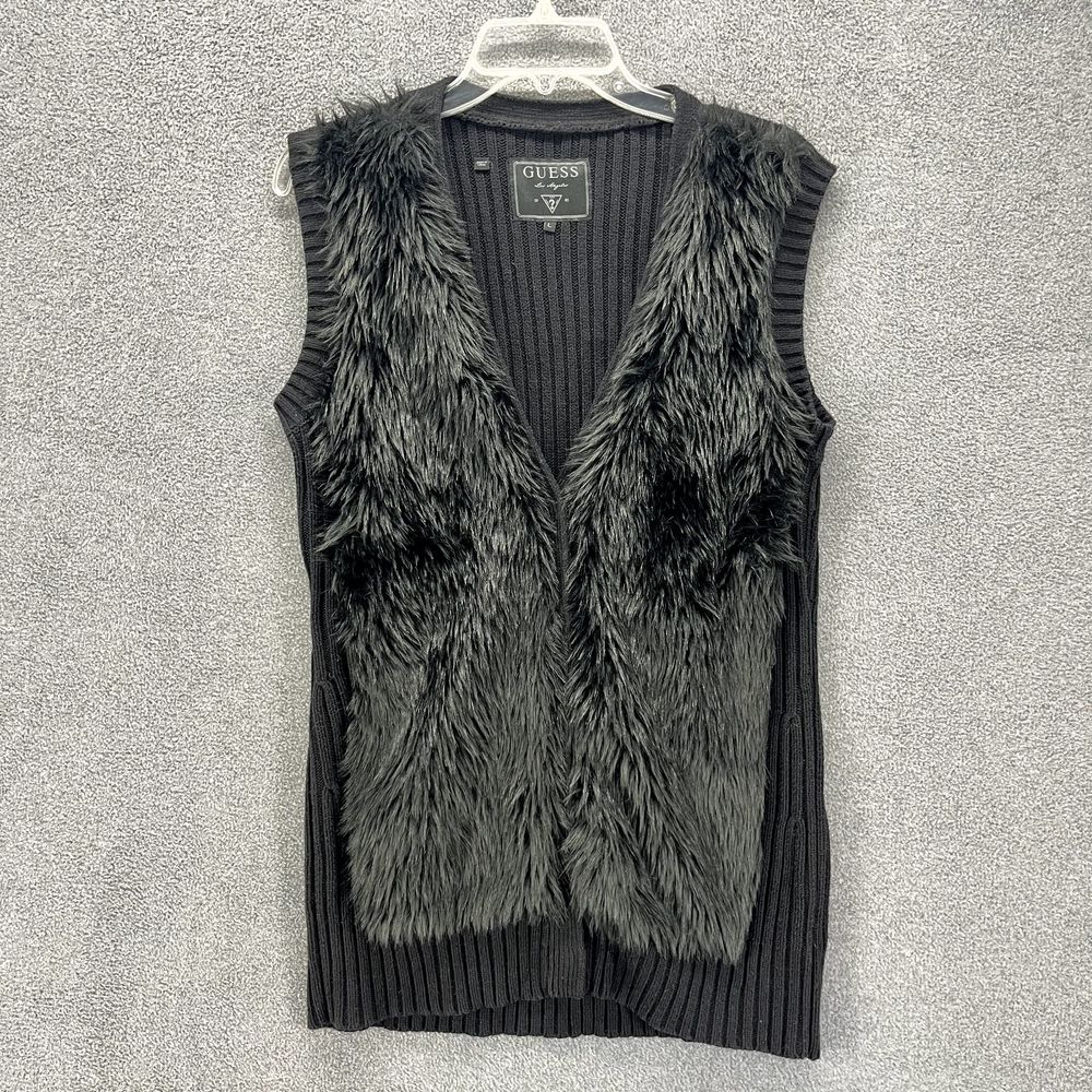 Guess Vest Womens Large Black Knit Sweater Faux Fur Trim Sleeveless Top‎
